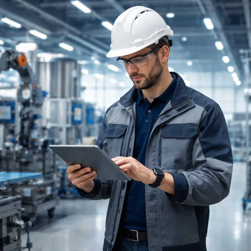Wartungstechniker nutzt Task360 auf Tablet in Fabrik
