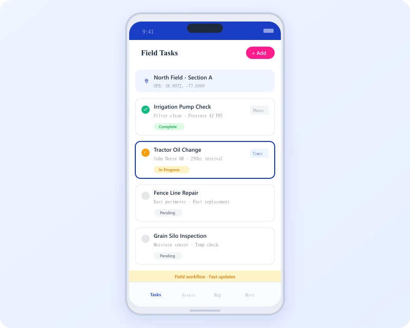 Task360 mobile app showing field maintenance tasks for agriculture