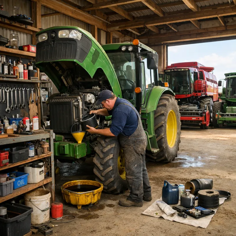 Mechanic performing seasonal maintenance on farm tractor in shed