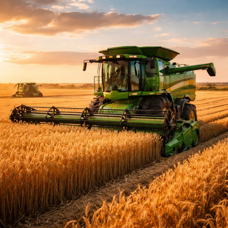 Combine harvester working in golden wheat field at sunset