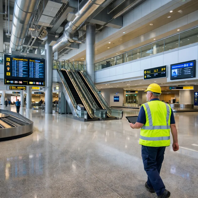 Airport maintenance worker with tablet inspecting terminal infrastructure