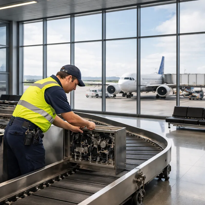 Airport maintenance technician inspecting baggage conveyor system