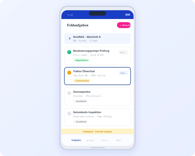 Task360 mobile app showing field maintenance tasks for agriculture