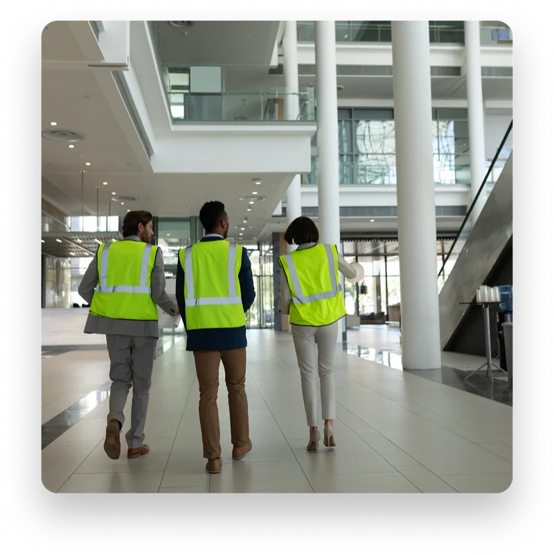 Facility managers inspecting modern building