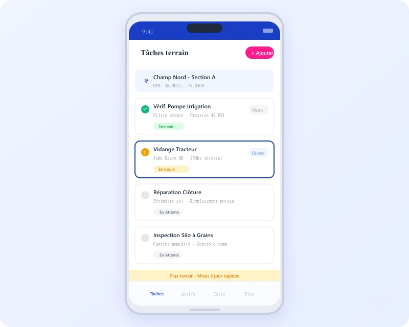 Task360 mobile app showing field maintenance tasks for agriculture
