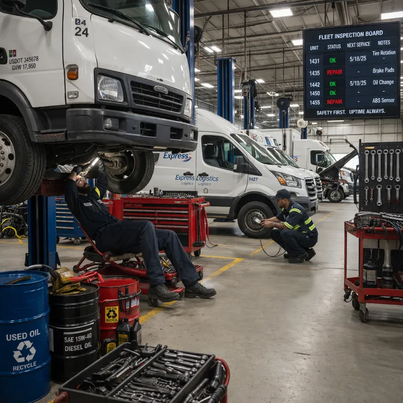Fleet maintenance garage with mechanics inspecting trucks and vans