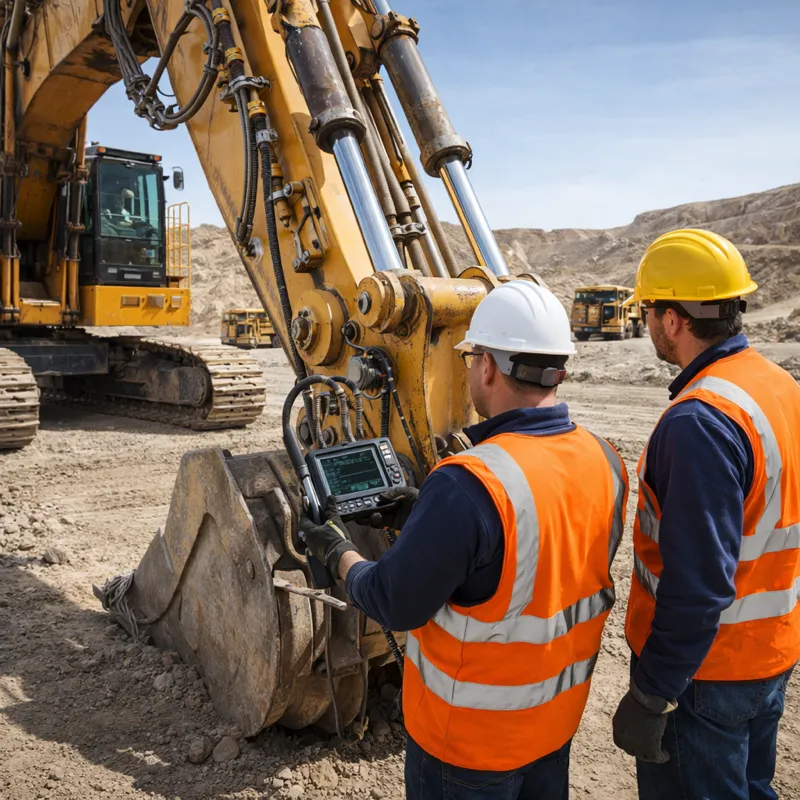 Mining crew inspecting excavator hydraulics with diagnostic equipment