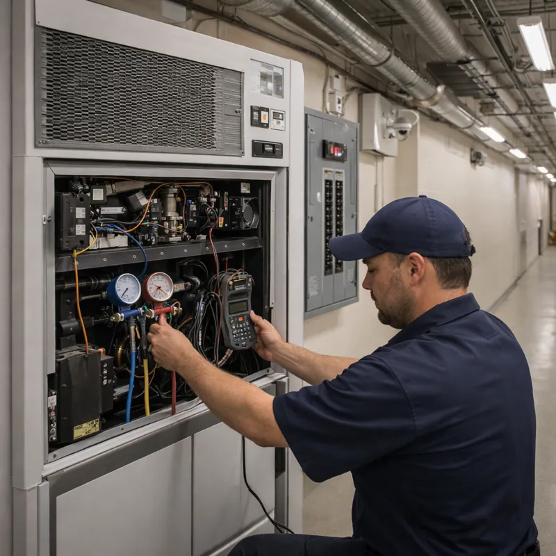 Technician inspecting commercial refrigeration unit in retail back-of-house