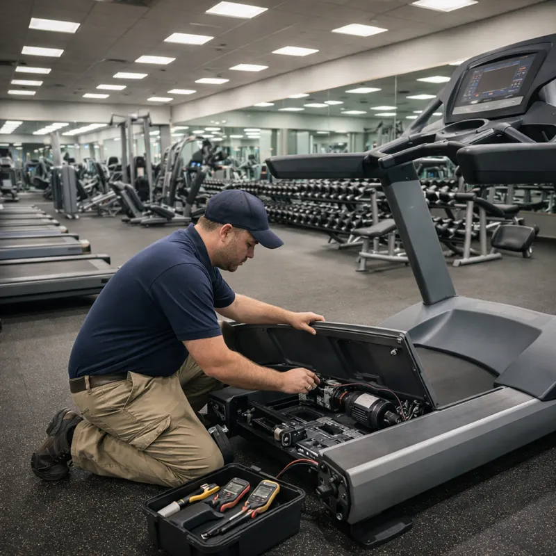 Technician repairing treadmill motor in gym facility