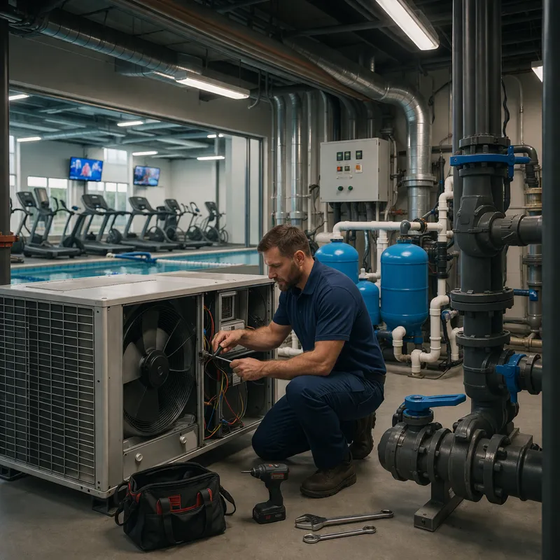 Maintenance technician servicing HVAC and pool filtration in a sports facility