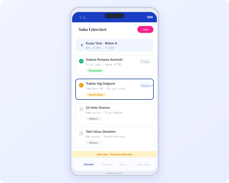 Task360 mobile app showing field maintenance tasks for agriculture